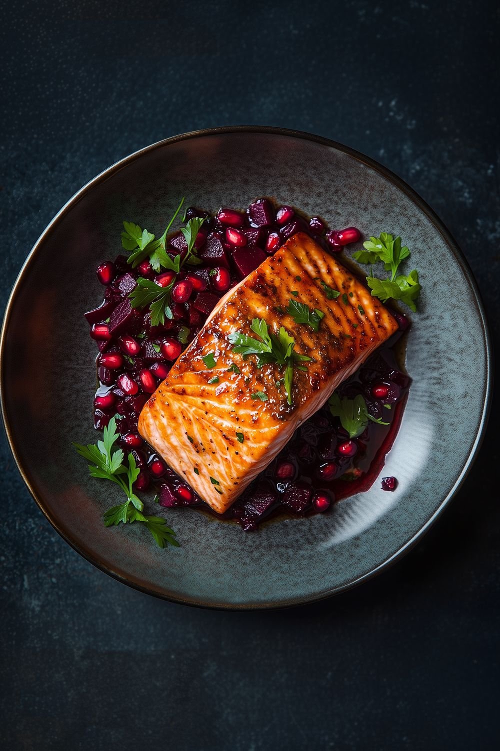 Salmon with beetroot and pomegranate